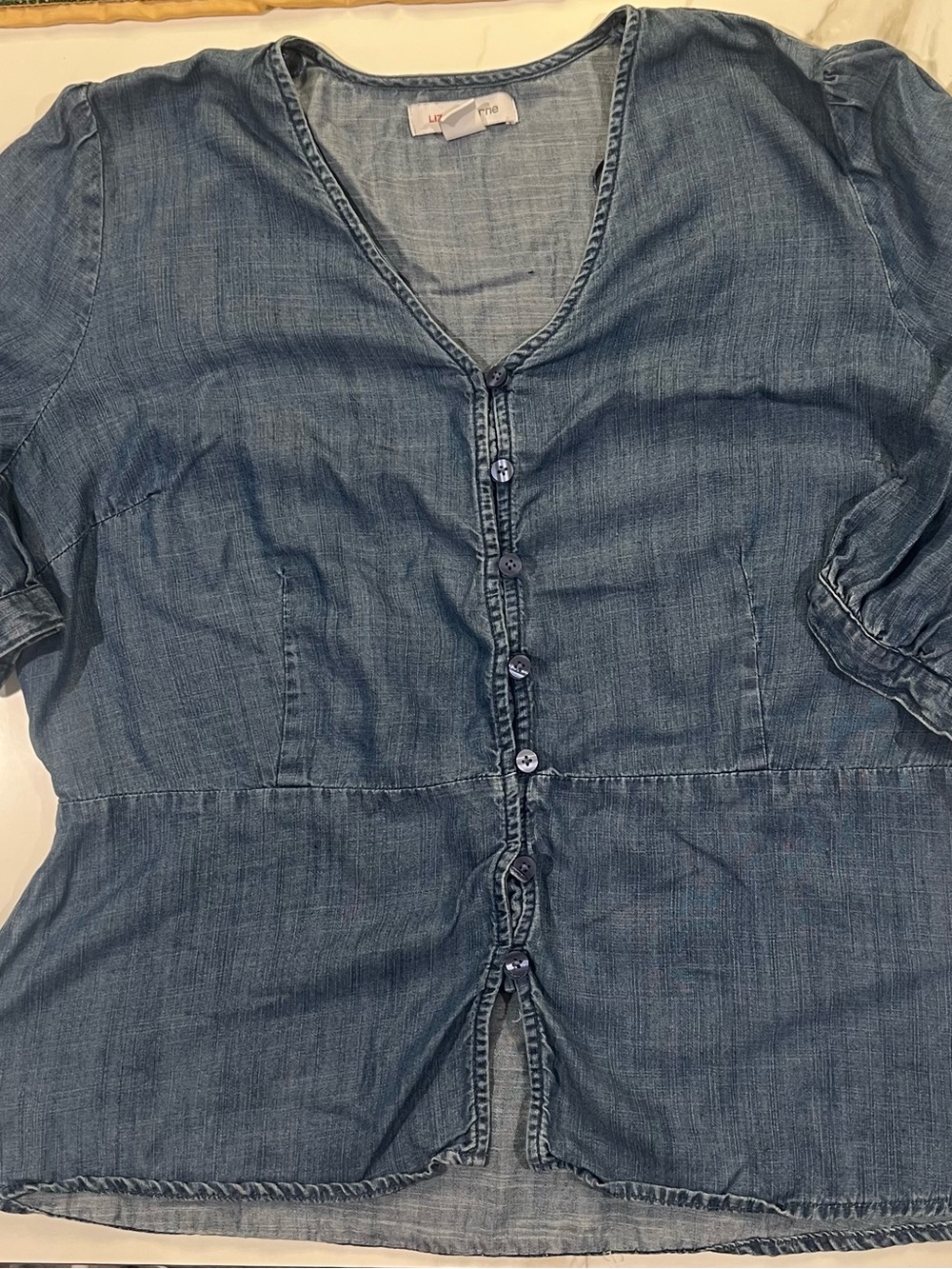 Liz Claiborne Denim-Look Button Front Blouse in Blue